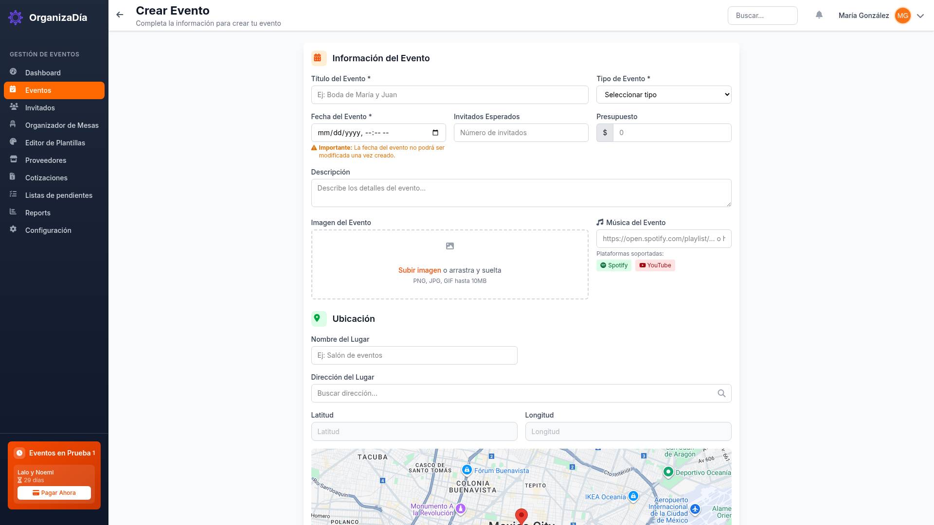 Captura de pantalla: Crear Evento