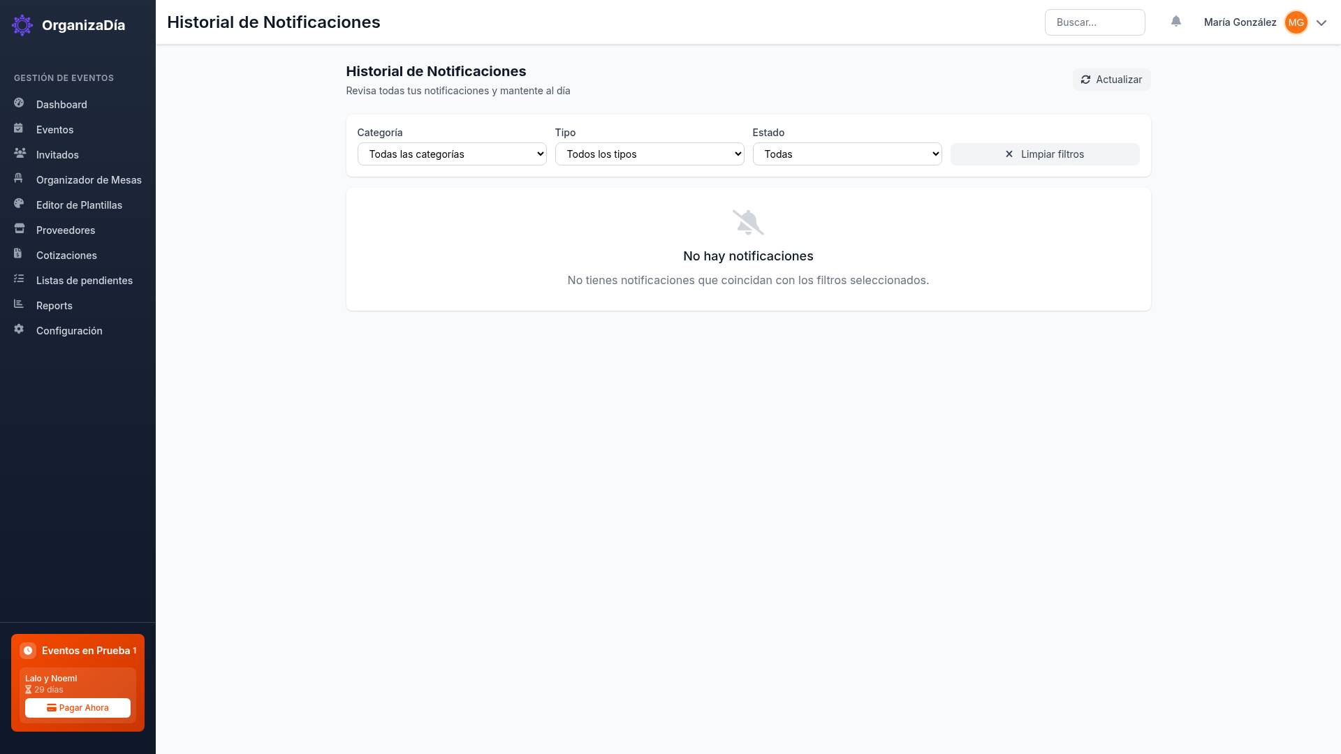 Captura de pantalla: Historial de Notificaciones