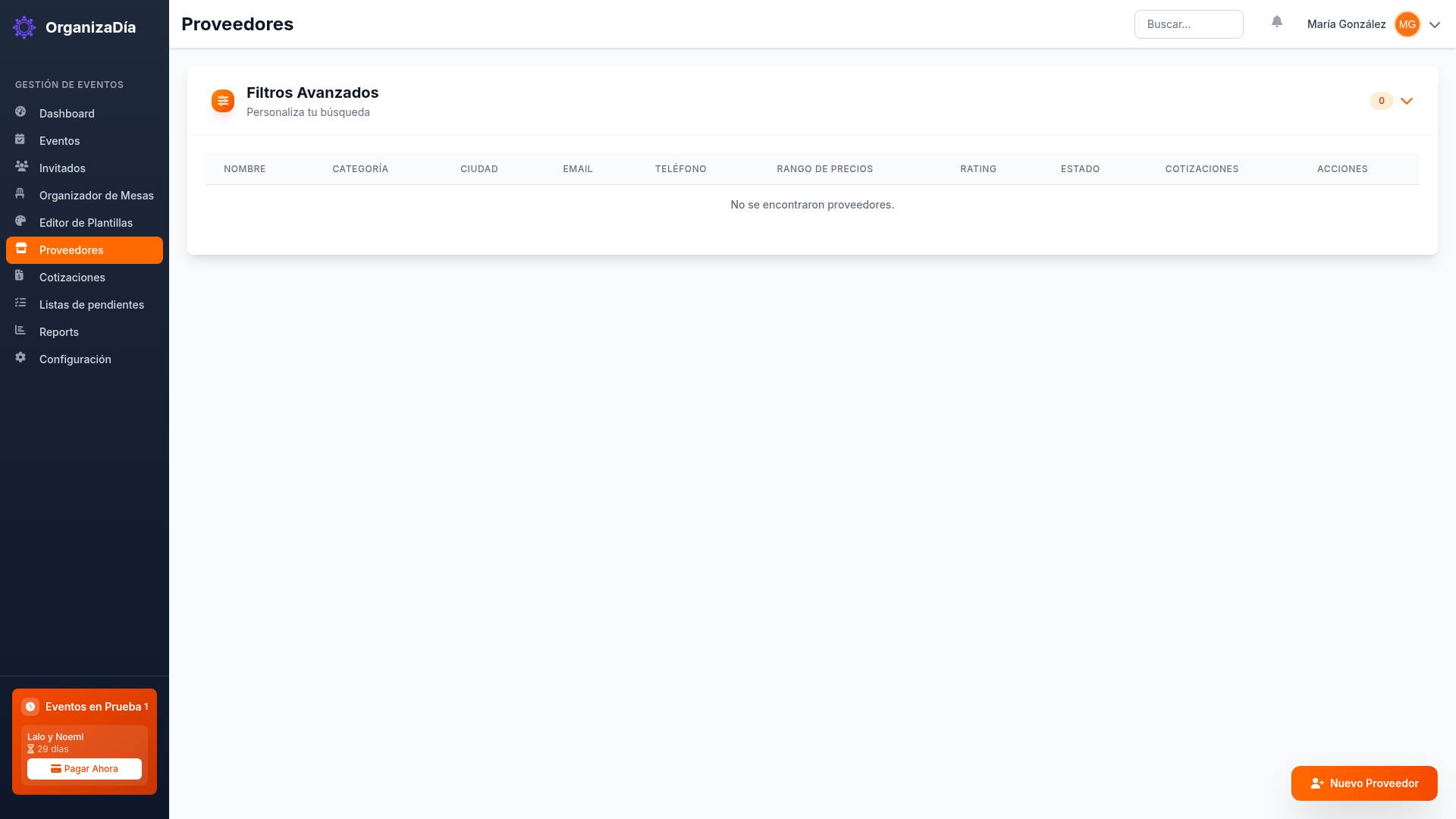 Captura de pantalla: Gestión de Proveedores