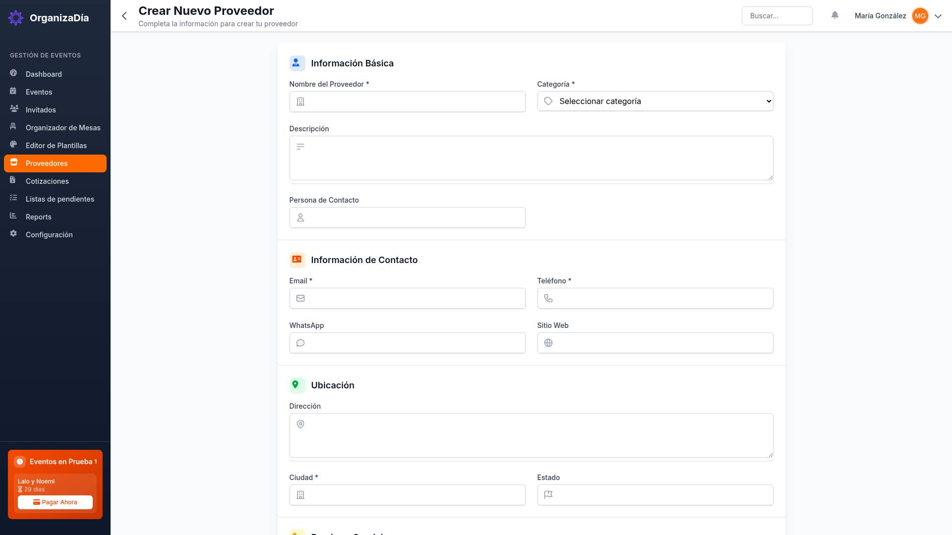 Captura de pantalla: Crear Proveedor