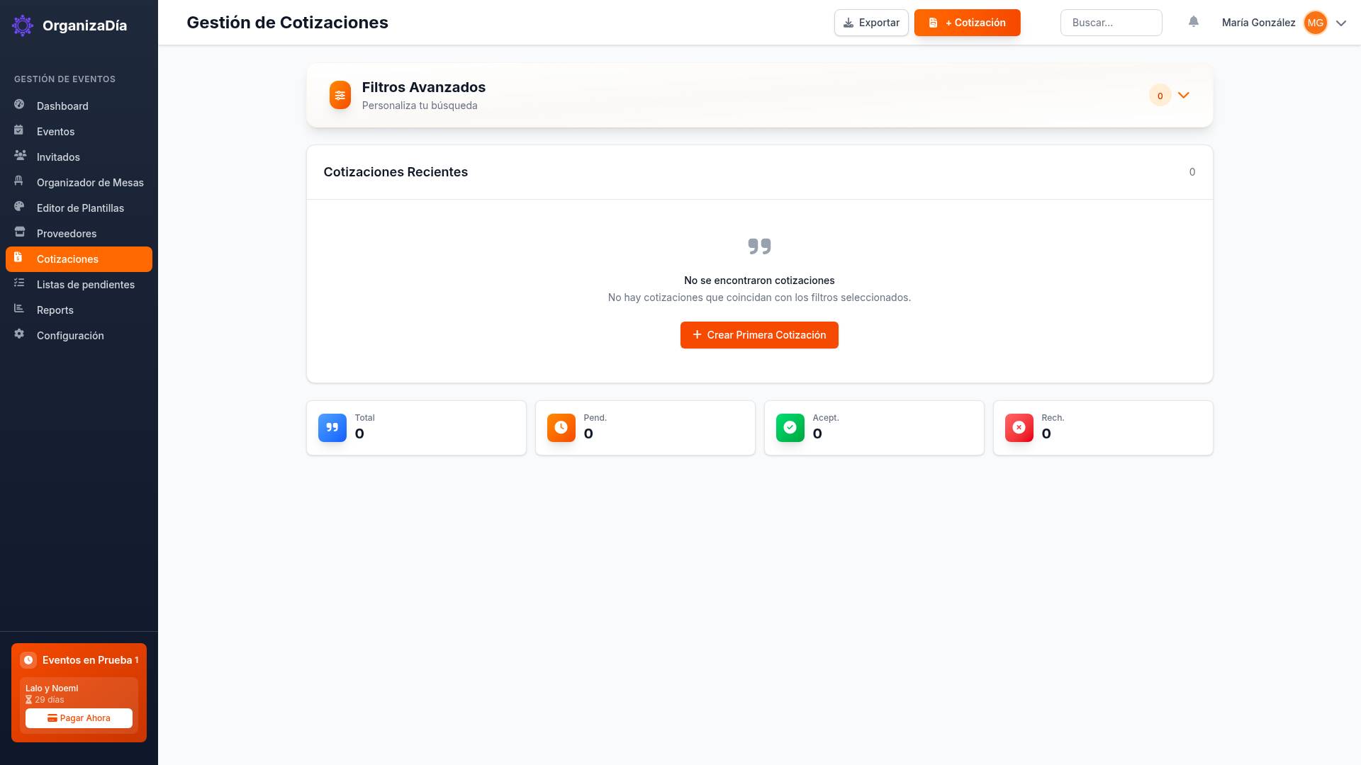 Captura de pantalla: Gestión de Cotizaciones