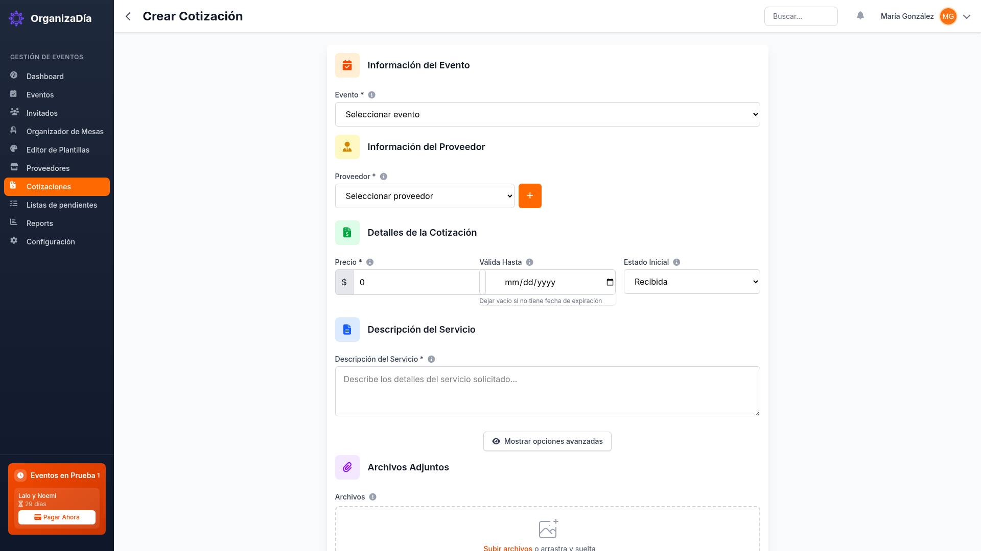 Captura de pantalla: Crear Cotización