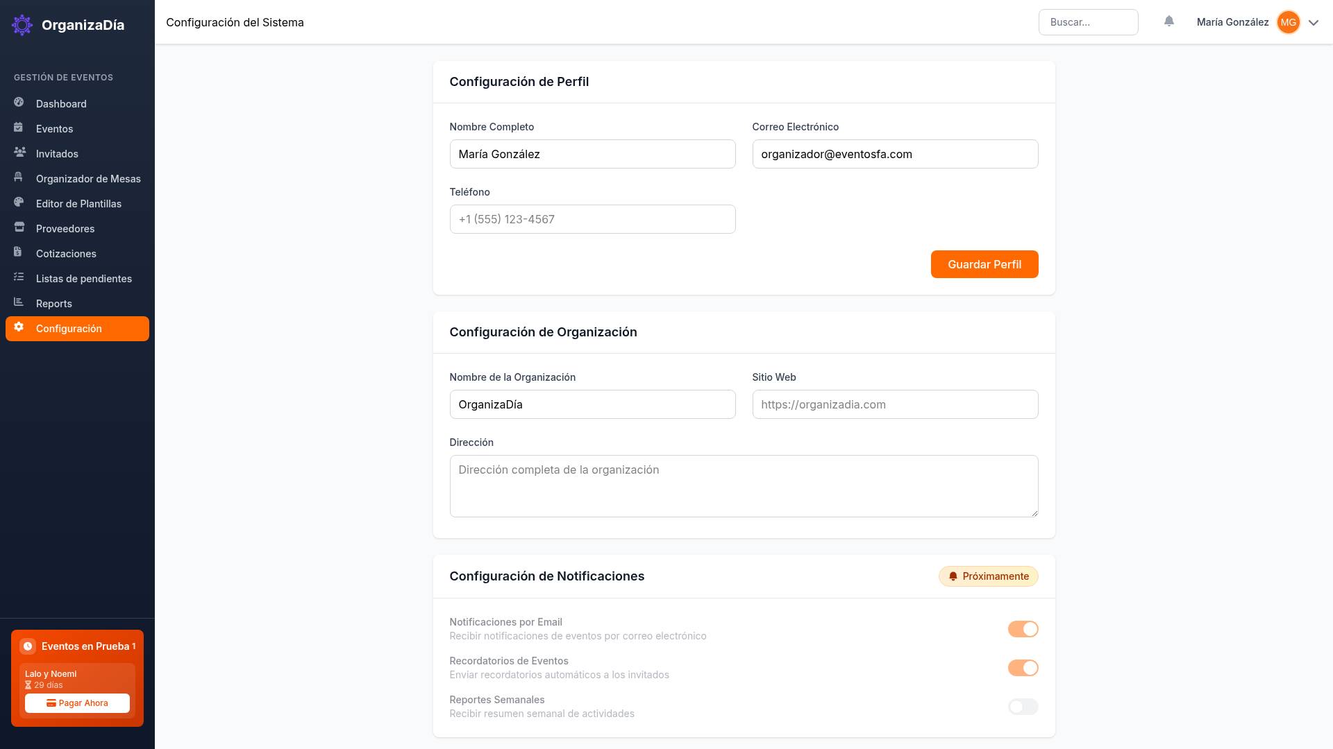 Captura de pantalla: Configuración